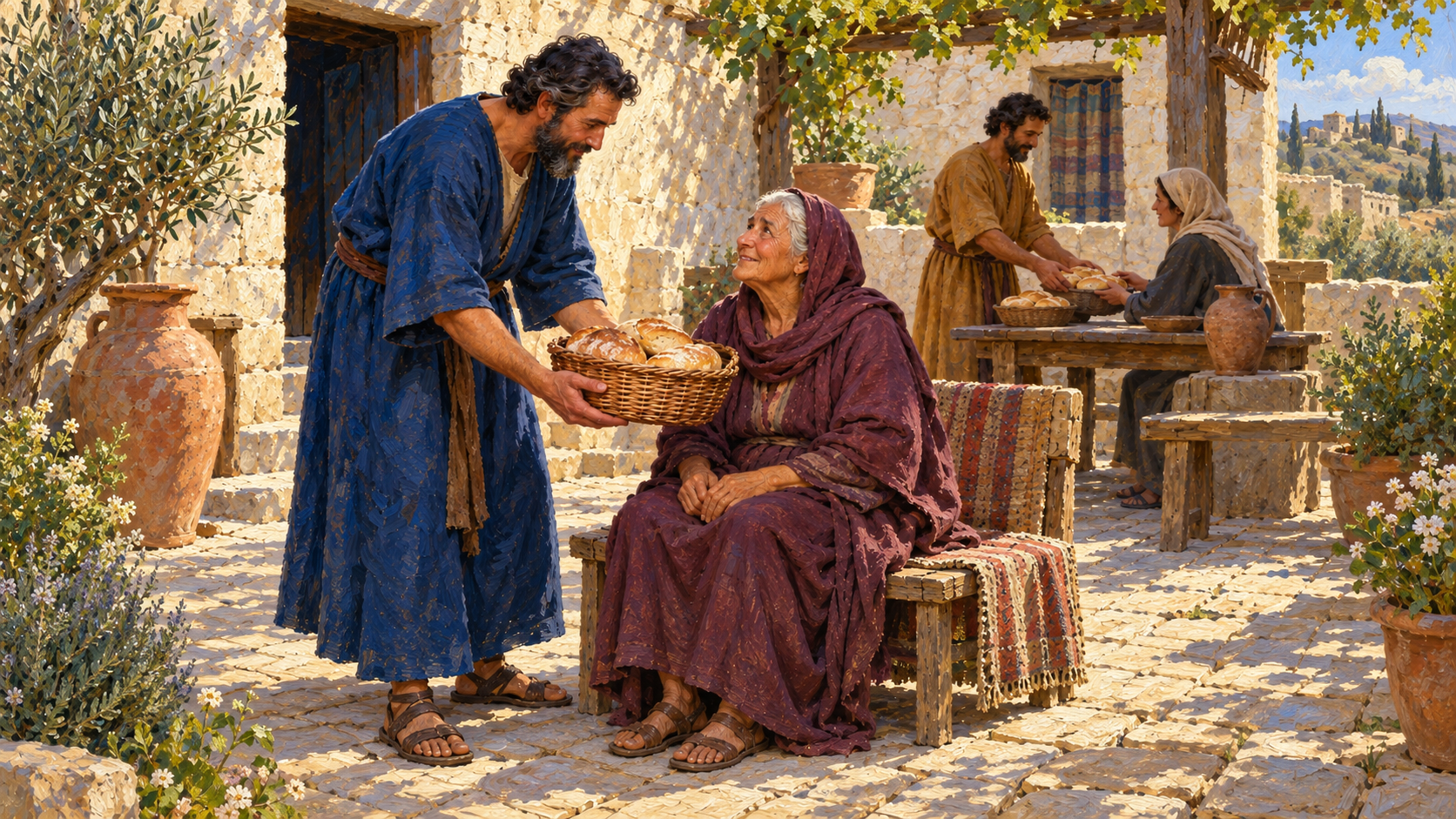 Classical oil painting of early Christian servants providing bread to widows in a Jerusalem courtyard.