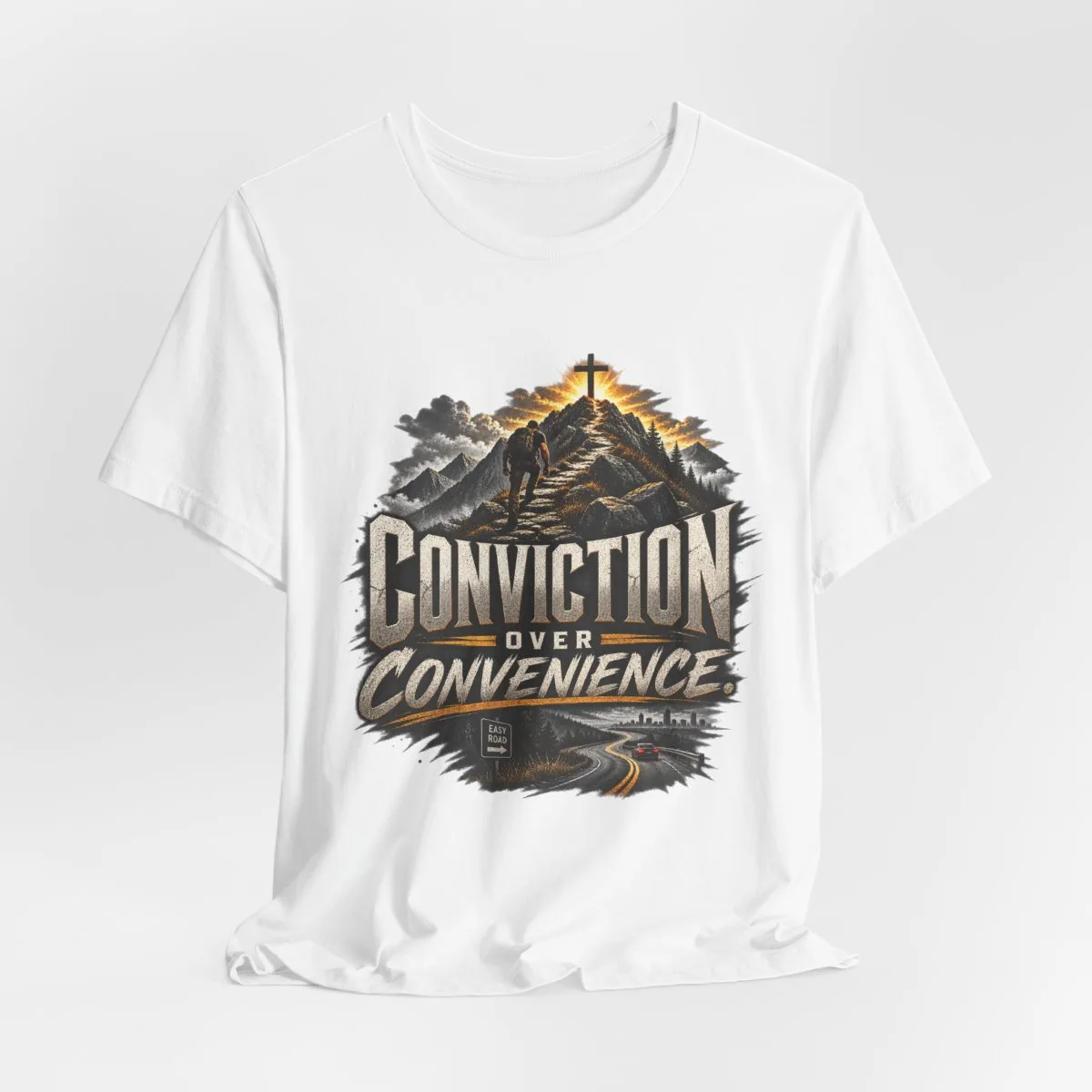 Conviction Over Convenience T-Shirt | Mountain Cross Faith Outdoor Graphic - other