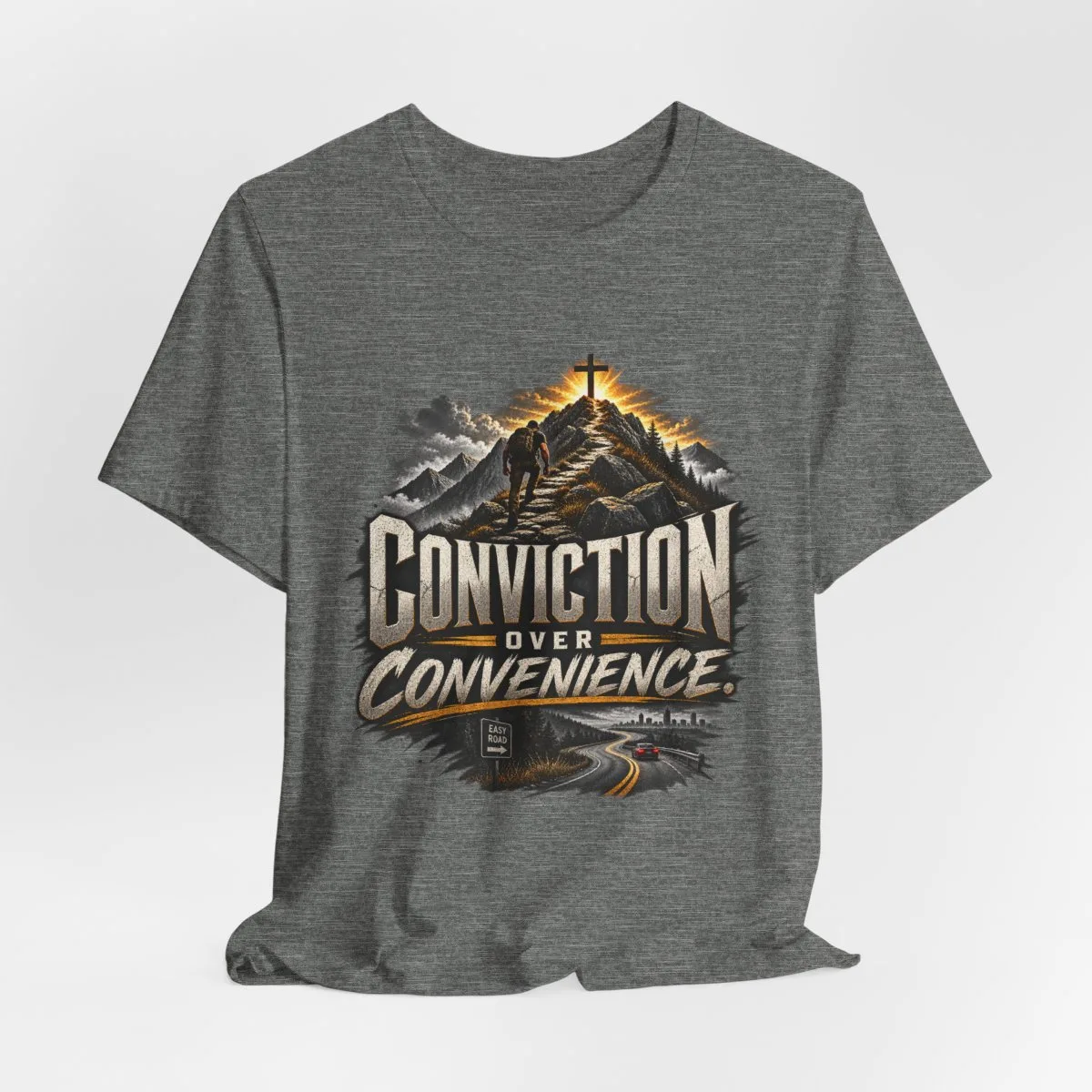 Conviction Over Convenience T-Shirt | Mountain Cross Faith Outdoor Graphic - other