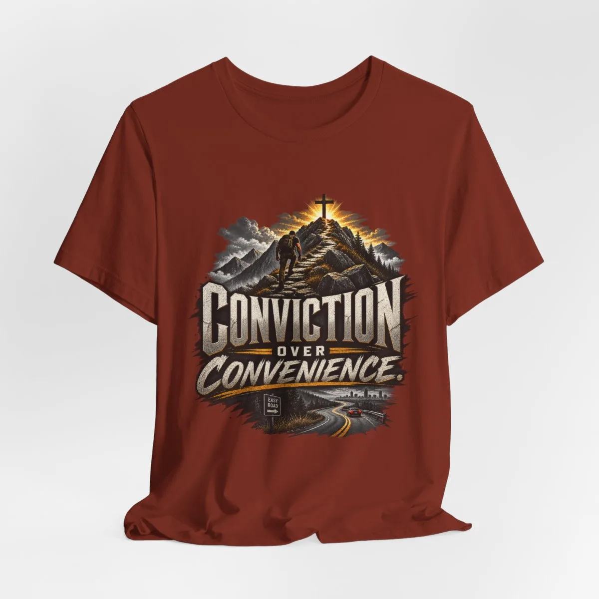 Conviction Over Convenience T-Shirt | Mountain Cross Faith Outdoor Graphic - other