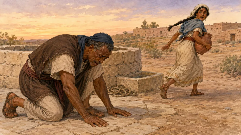 Abrahams unnamed servant bows in worship as Rebekah runs home after revealing her family in Genesis 24