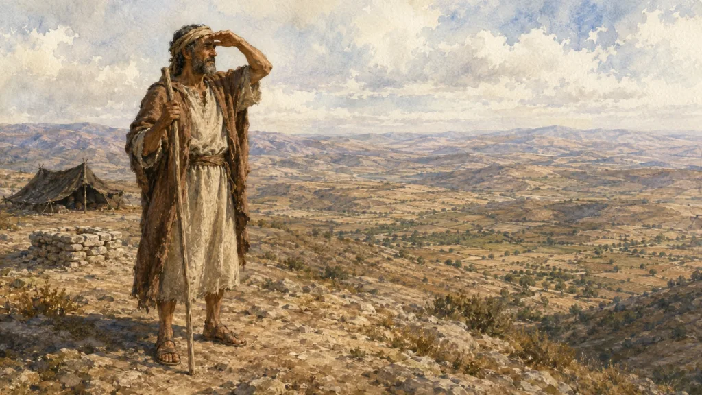 Abram surveys the land of Canaan from a ridge beside his tent and altar