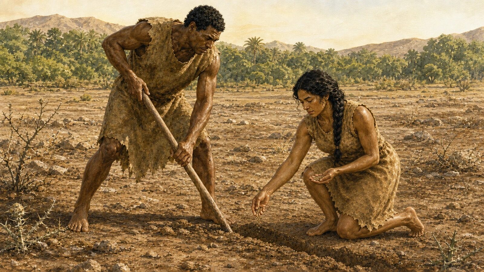 Adam works thorny ground while Eve plants seeds beside him outside Eden