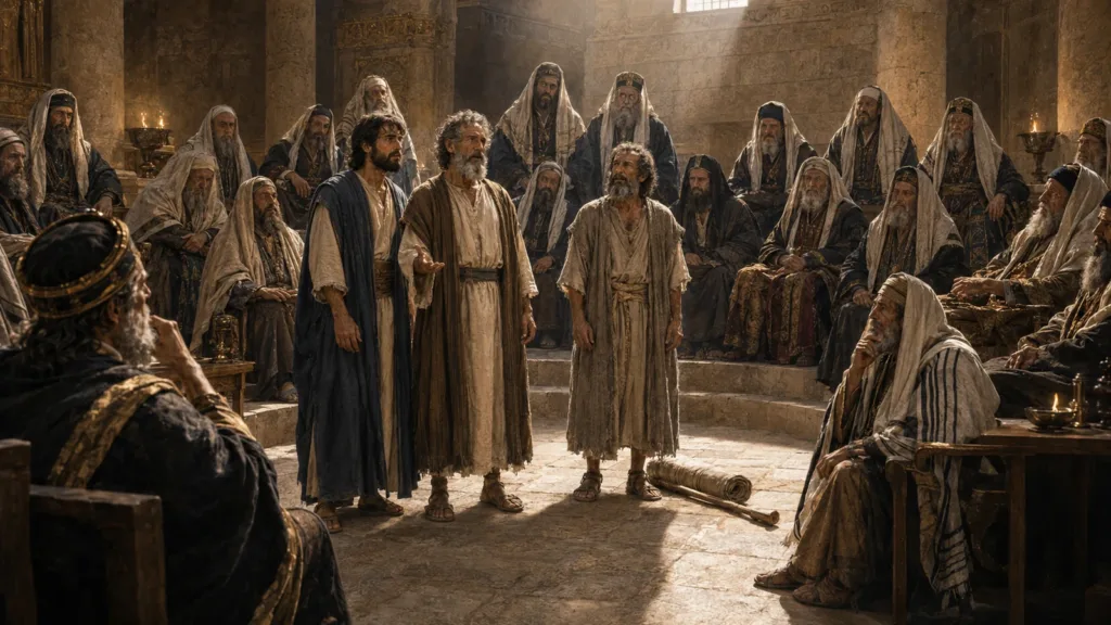 Peter and John give a courageous Christian defense before the Jerusalem council as the healed man stands beside them