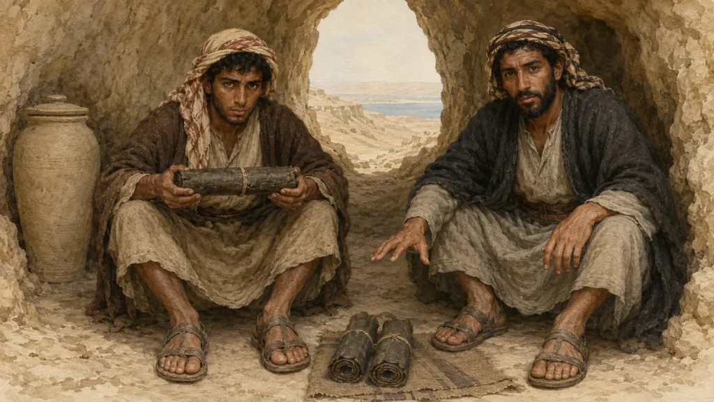Two Bedouin finders carefully examine rolled parchment in a cave near Qumran