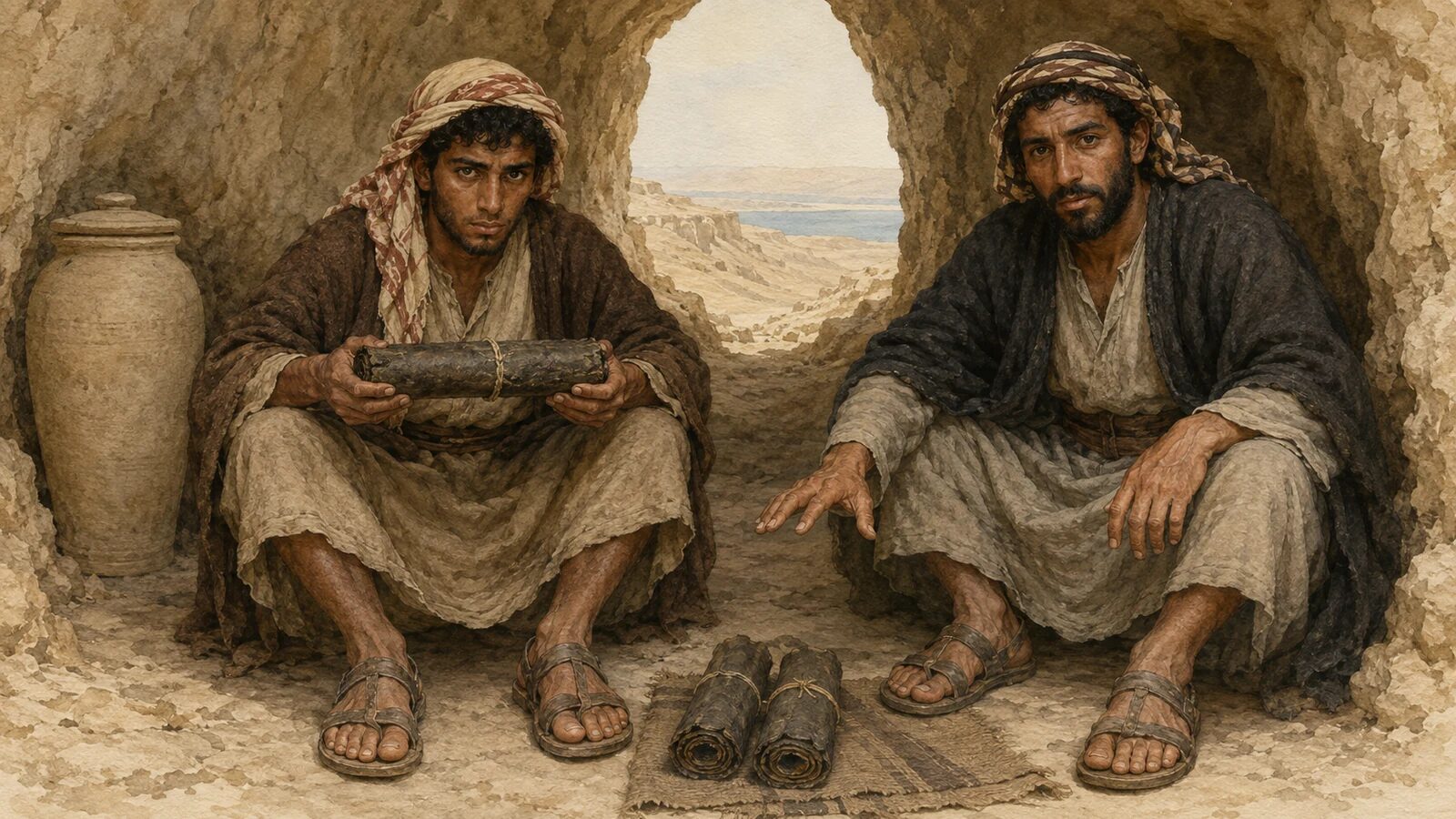 Bedouin Finders Examine the Dead Sea Scrolls Two Bedouin finders carefully examine rolled parchment in a cave near Qumran