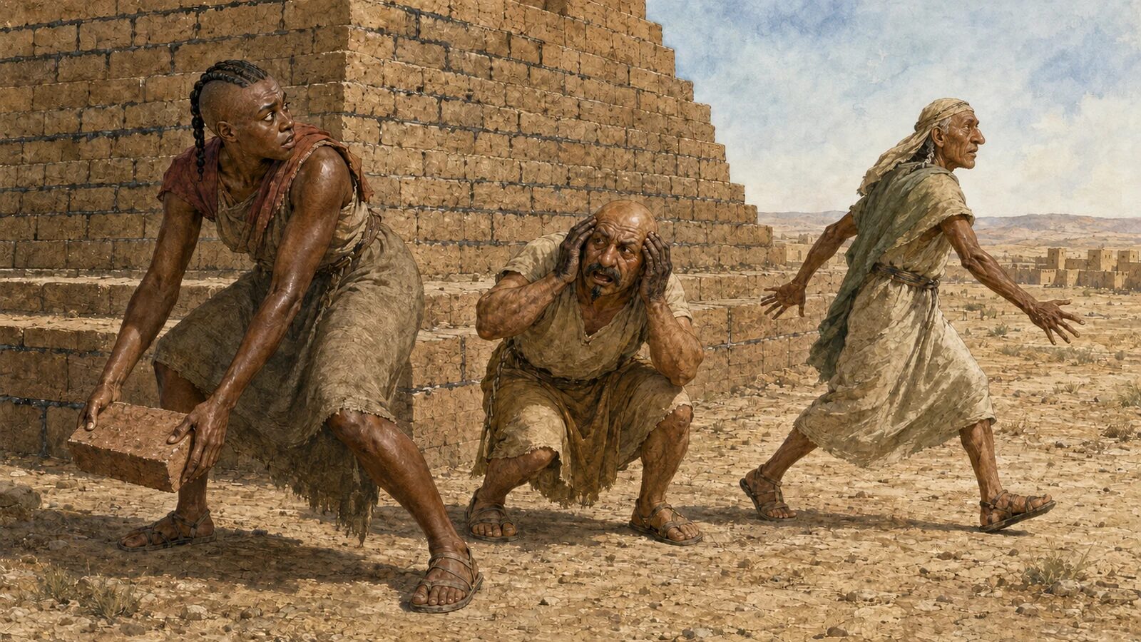 Three builders react as confused language ends construction at Babel