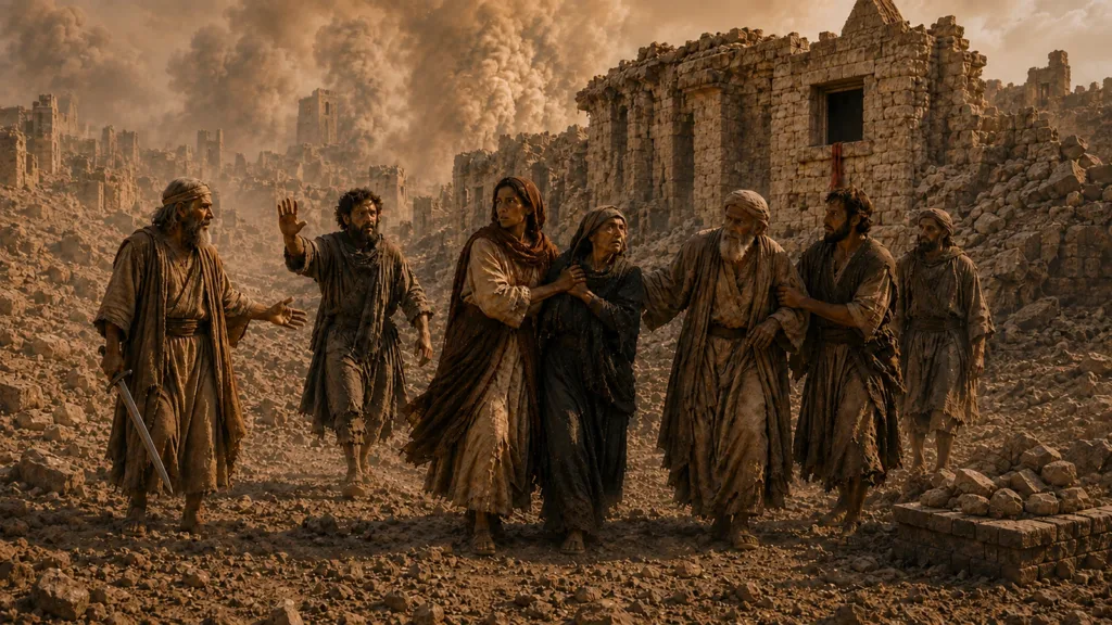 Rahab and her family are escorted from fallen Jericho as Joshua receives them with his sword lowered