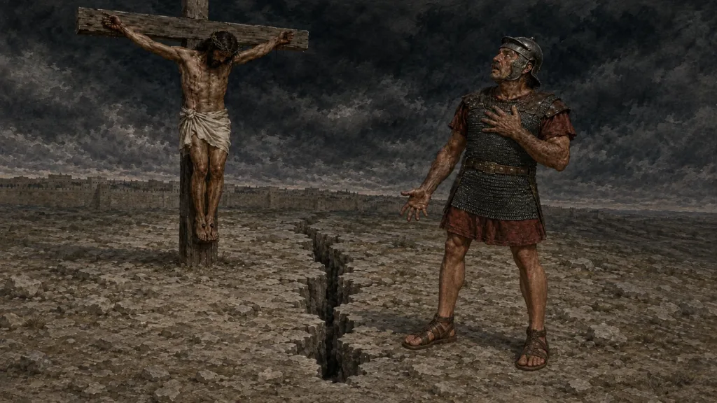 A Roman centurion looks up in fear after Jesus willingly dies on the cross