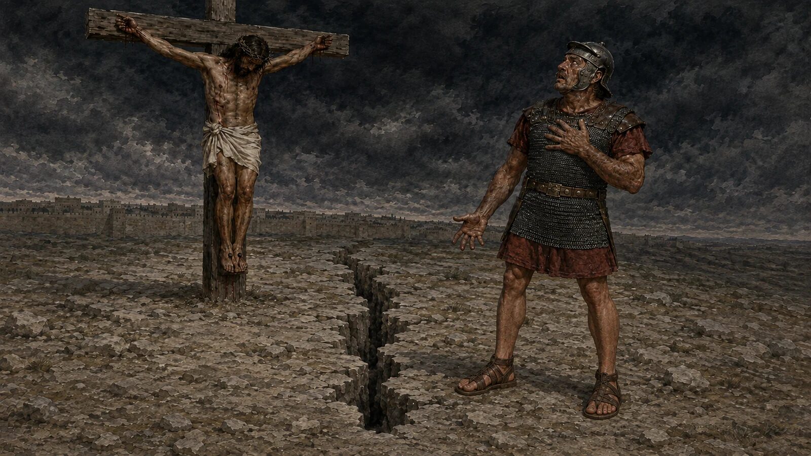 A Roman centurion looks up in fear after Jesus willingly dies on the cross