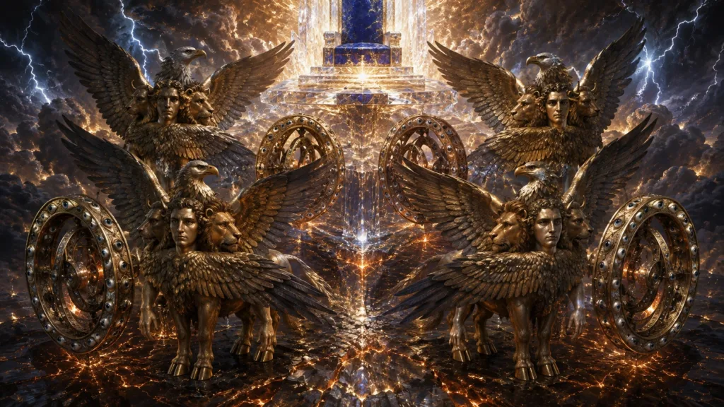 Four living cherubim with composite faces, four wings, bronze calf-like feet, and eye-covered wheels beneath the throne-glory shown to Ezekiel