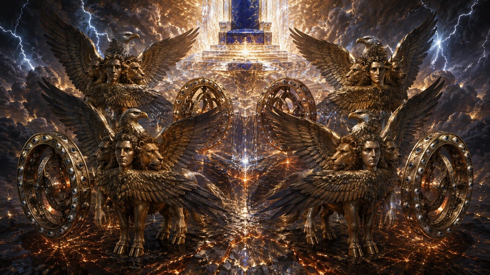 Four living cherubim with composite faces, four wings, bronze calf-like feet, and eye-covered wheels beneath the throne-glory shown to Ezekiel