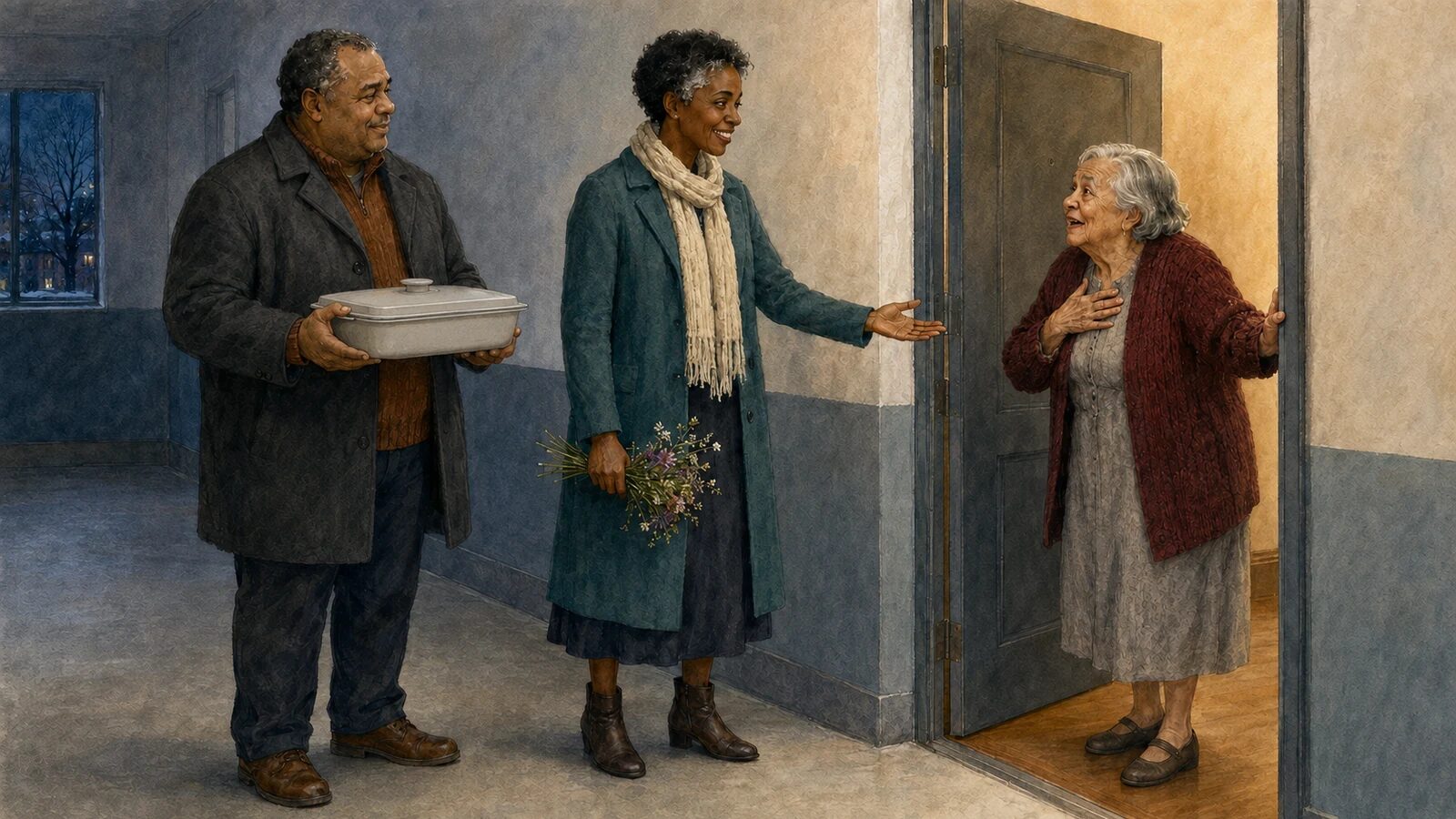 A couple brings a covered meal and flowers to welcome an elderly neighbor
