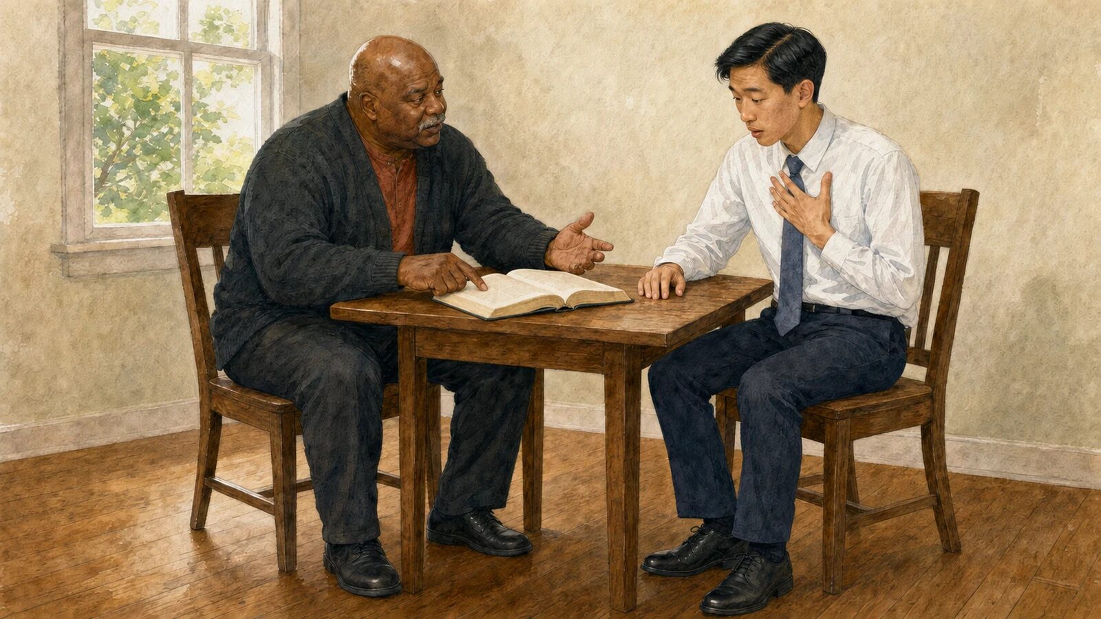 Christian shares John 1 with a Latter-day Saint visitor A Christian gently opens John 1 with a thoughtful Latter-day Saint visitor