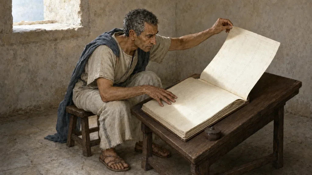 A fourth-century scribe examines a blank ruled parchment leaf in a large open codex
