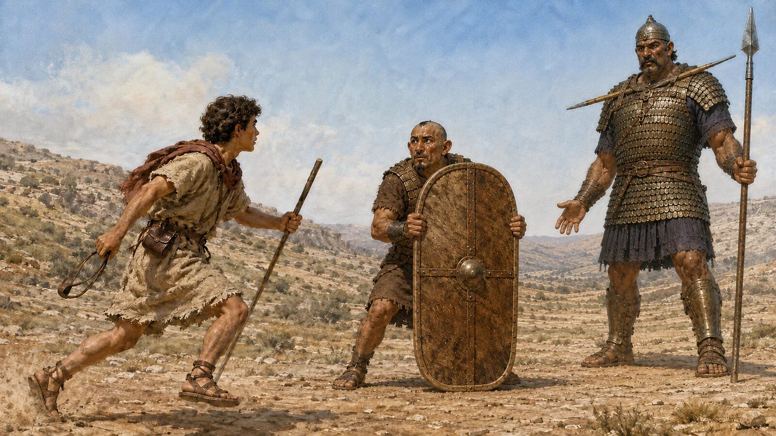 Young David runs toward the advancing Goliath as the shield-bearer braces in alarm