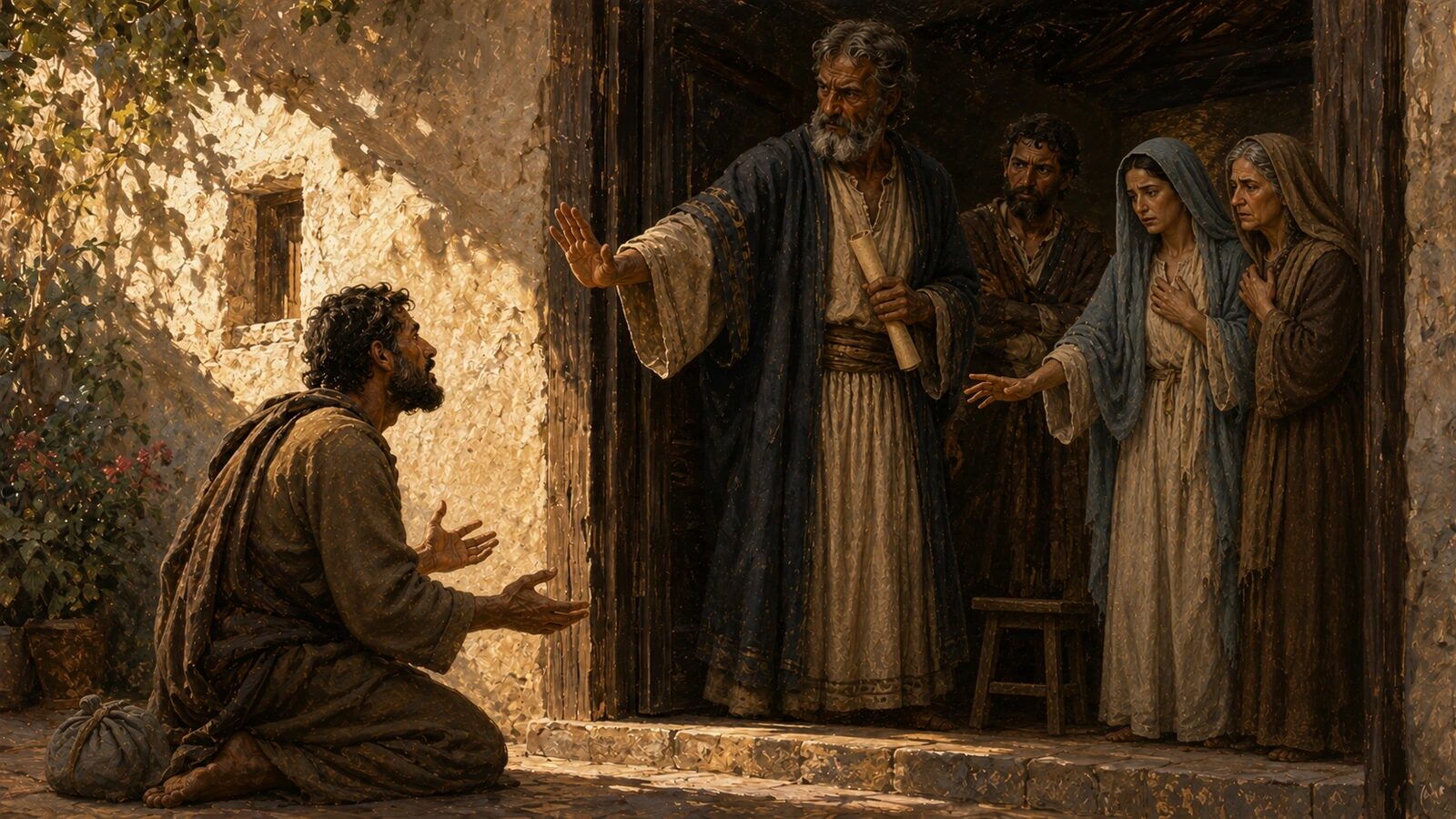 Divorce and Reconciliation: What the Bible Says A repentant husband kneels outside a Corinthian doorway while his wife remains safely inside under church accountability