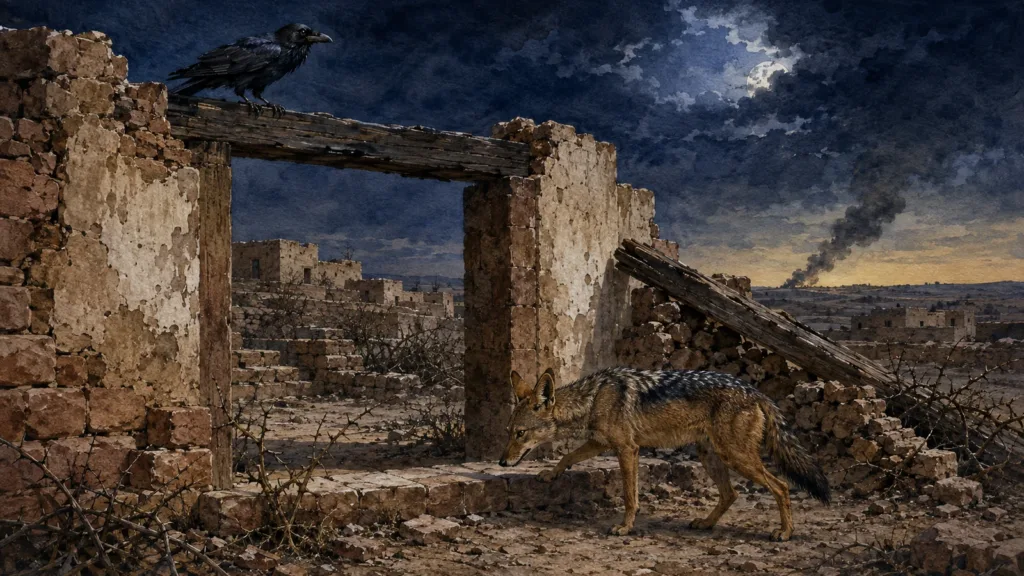 A jackal crosses ruined Edomite buildings while a raven rests above the deserted gateway in Isaiah 34