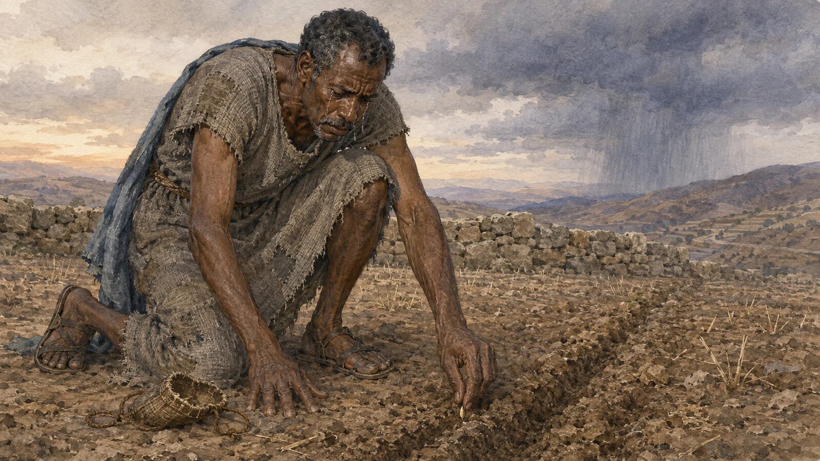 A grieving Judean farmer presses one seed into dry soil while continuing to sow
