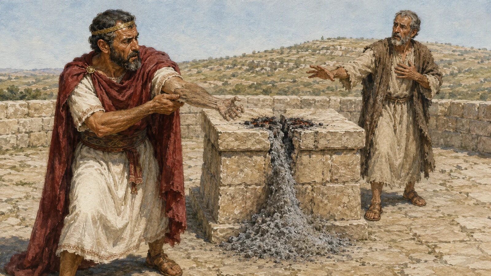 Jeroboam at the split altar of Bethel King Jeroboam grips his withered hand as the altar at Bethel splits and spills ashes