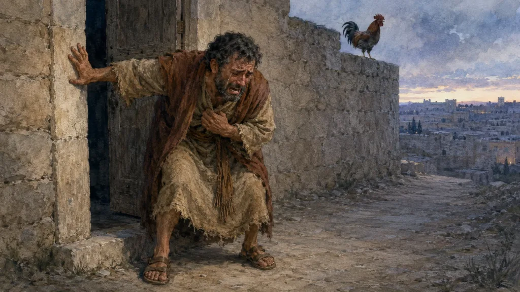 Peter weeps outside the courtyard after denying Jesus and hearing the rooster crow