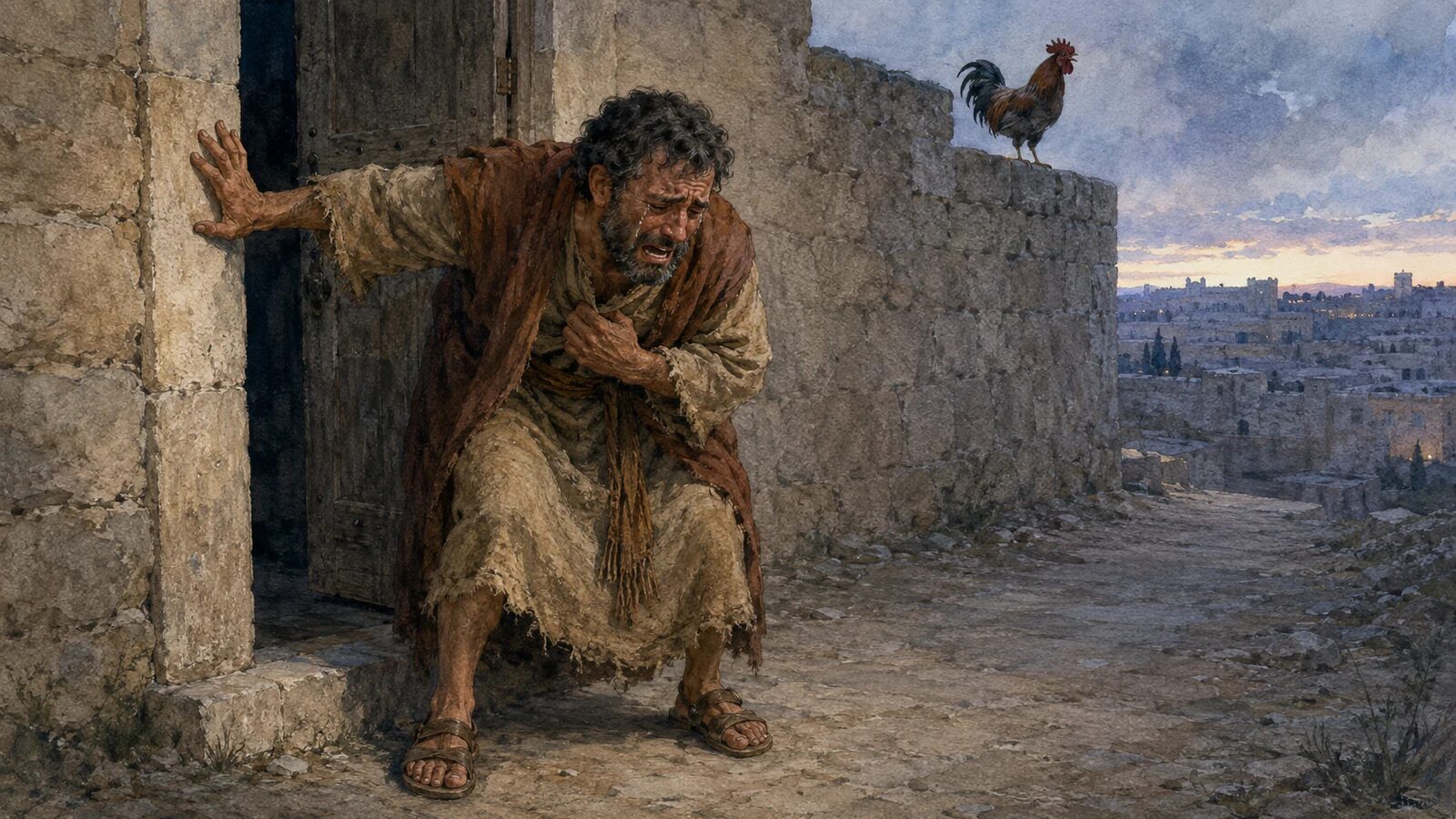 Peter weeps after denying Jesus Peter weeps outside the courtyard after denying Jesus and hearing the rooster crow