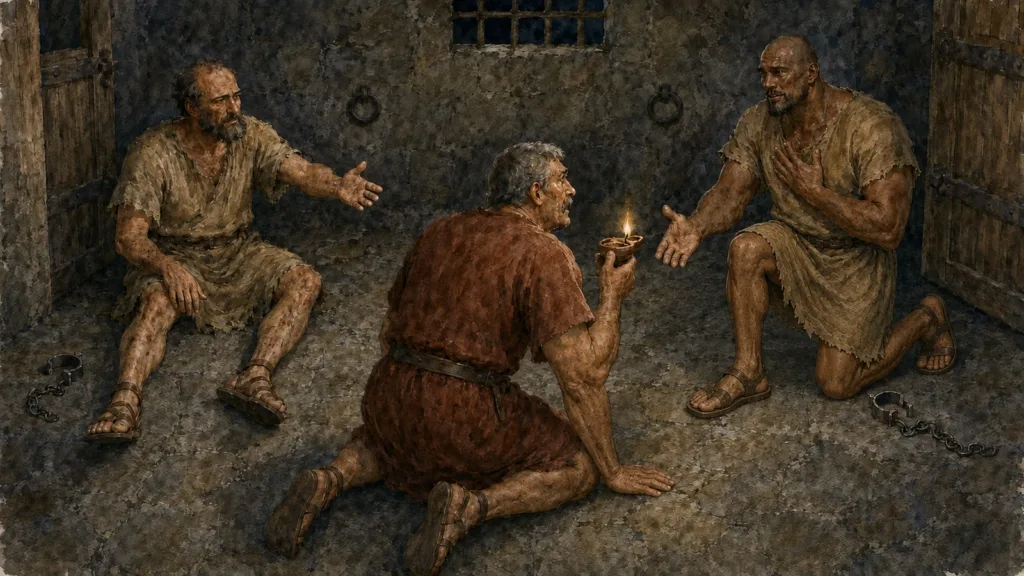 The Philippian jailer falls trembling before wounded Paul and Silas in the opened prison