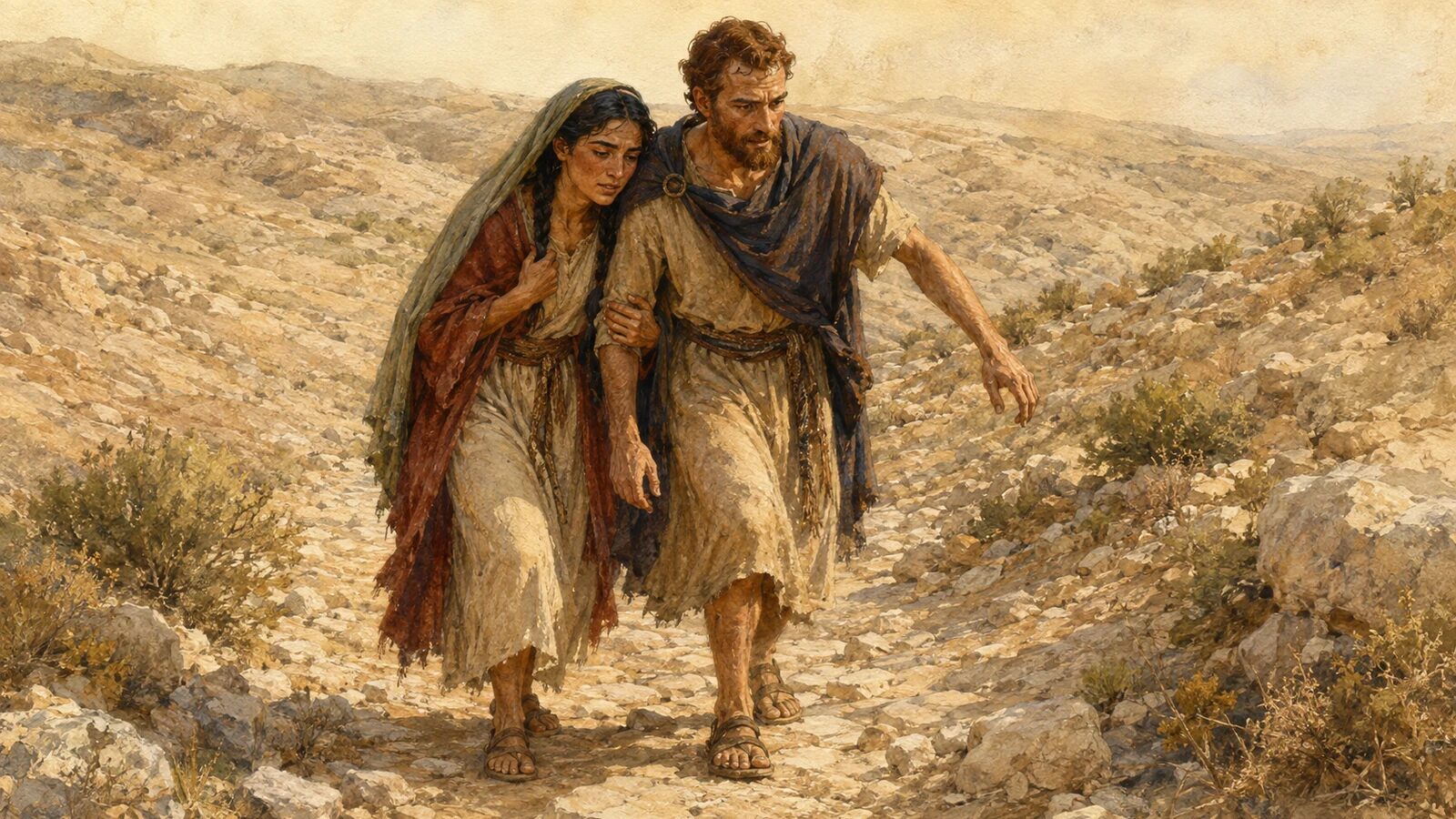 A weary wife leans on her beloved as they climb from the wilderness in Song of Solomon