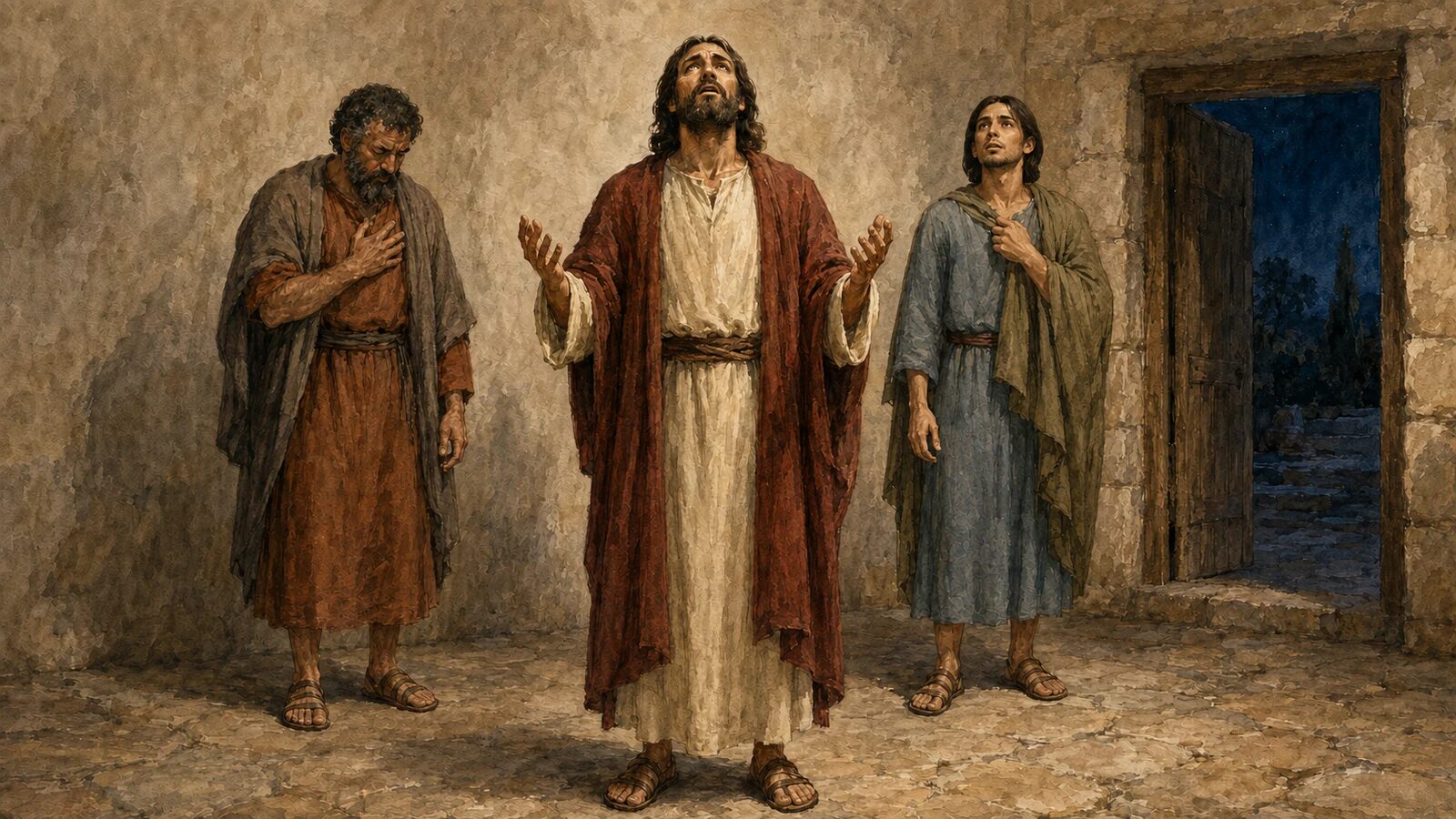 Jesus lifts His eyes to heaven and prays for Peter and John to be sanctified by truth