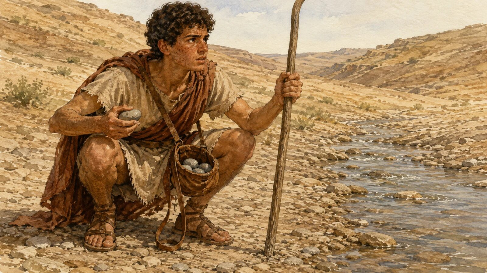 Young David chooses five smooth stones from the brook before approaching Goliath