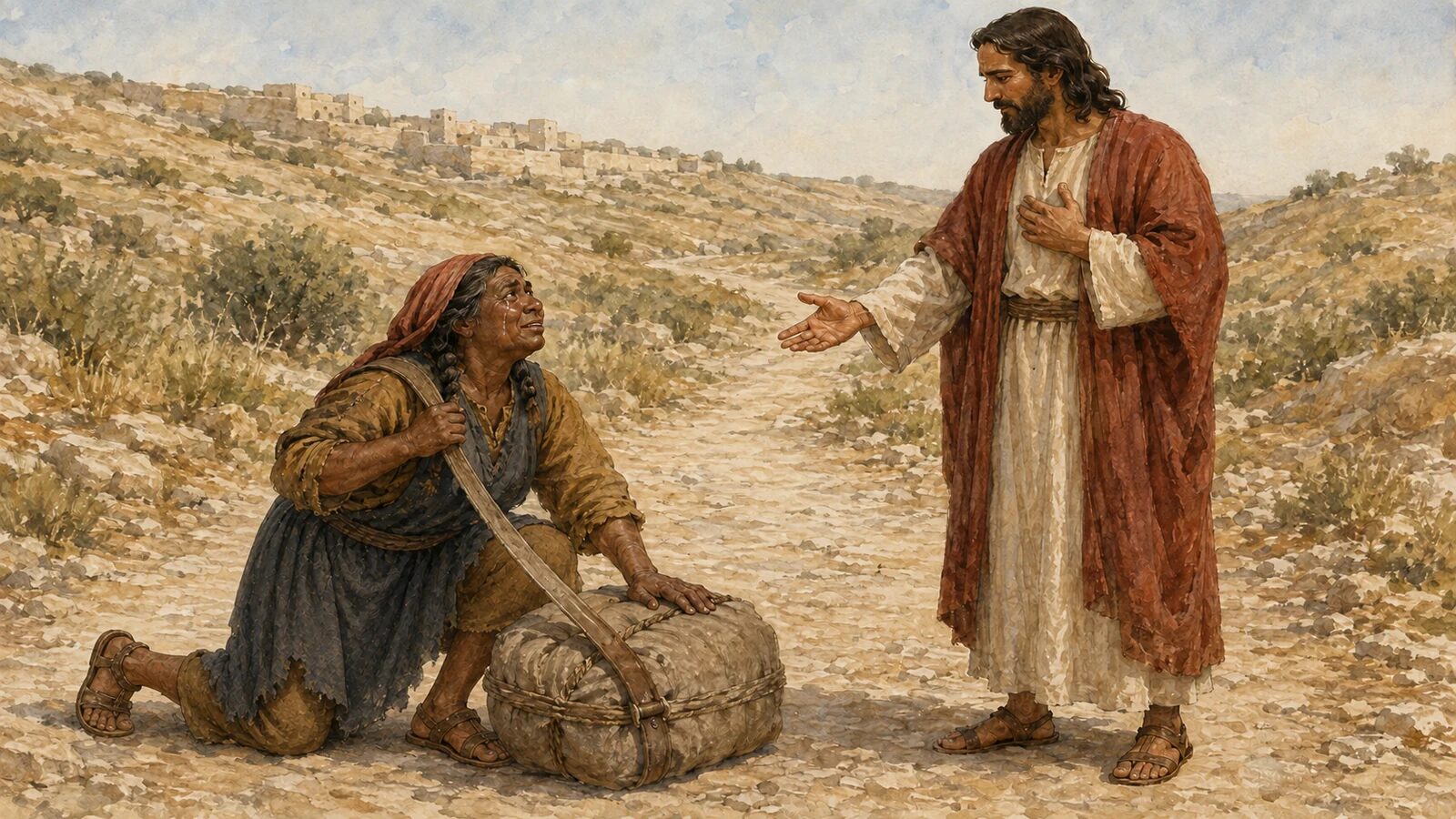 A burdened woman responds to the rest Jesus offers An exhausted woman lowers her burden as Jesus invites the heavy laden to come to Him
