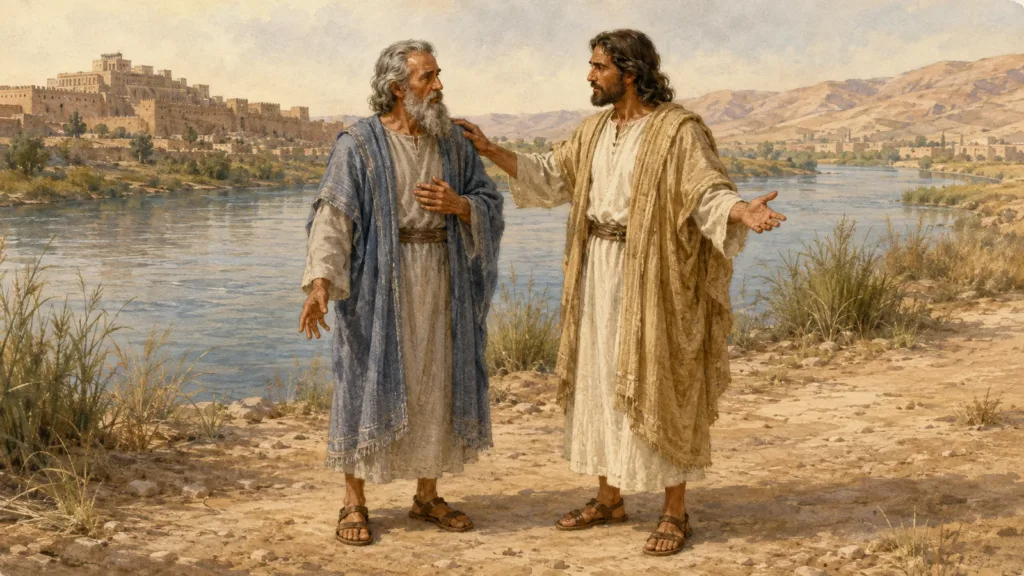 The manlike angel Gabriel steadies Daniel beside the River Ulai