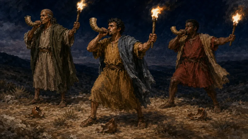Gideon and two Israelites blow ram horns and raise torches after breaking their pitchers