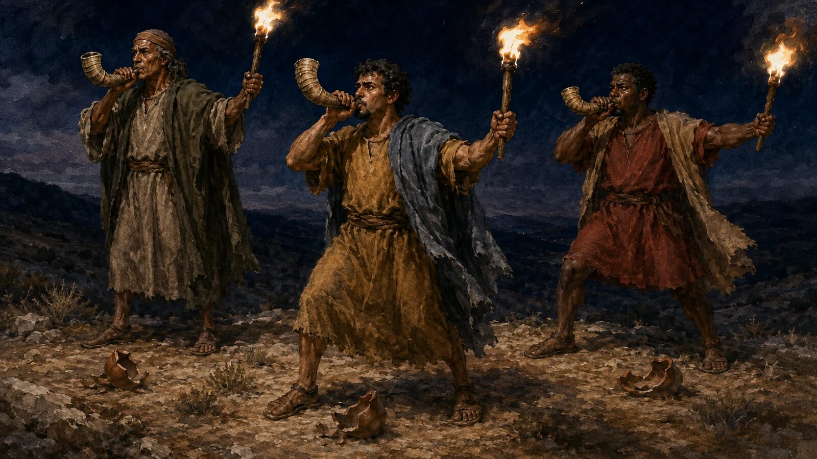 Gideon and the three hundred sound their trumpets Gideon and two Israelites blow ram horns and raise torches after breaking their pitchers