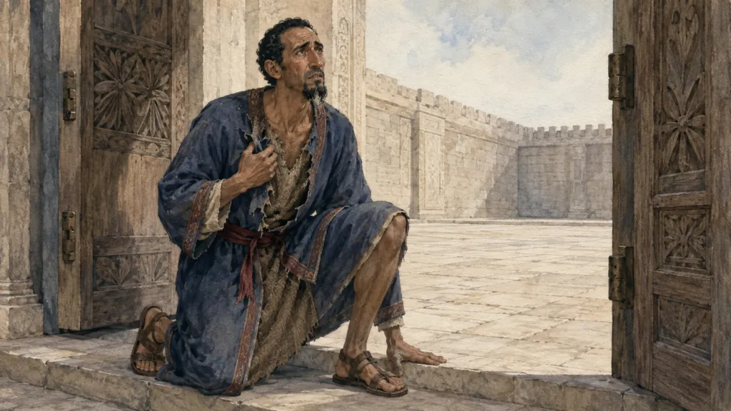 King Hezekiah enters the LORDs house in torn robes and sackcloth during the Assyrian threat in Isaiah 37