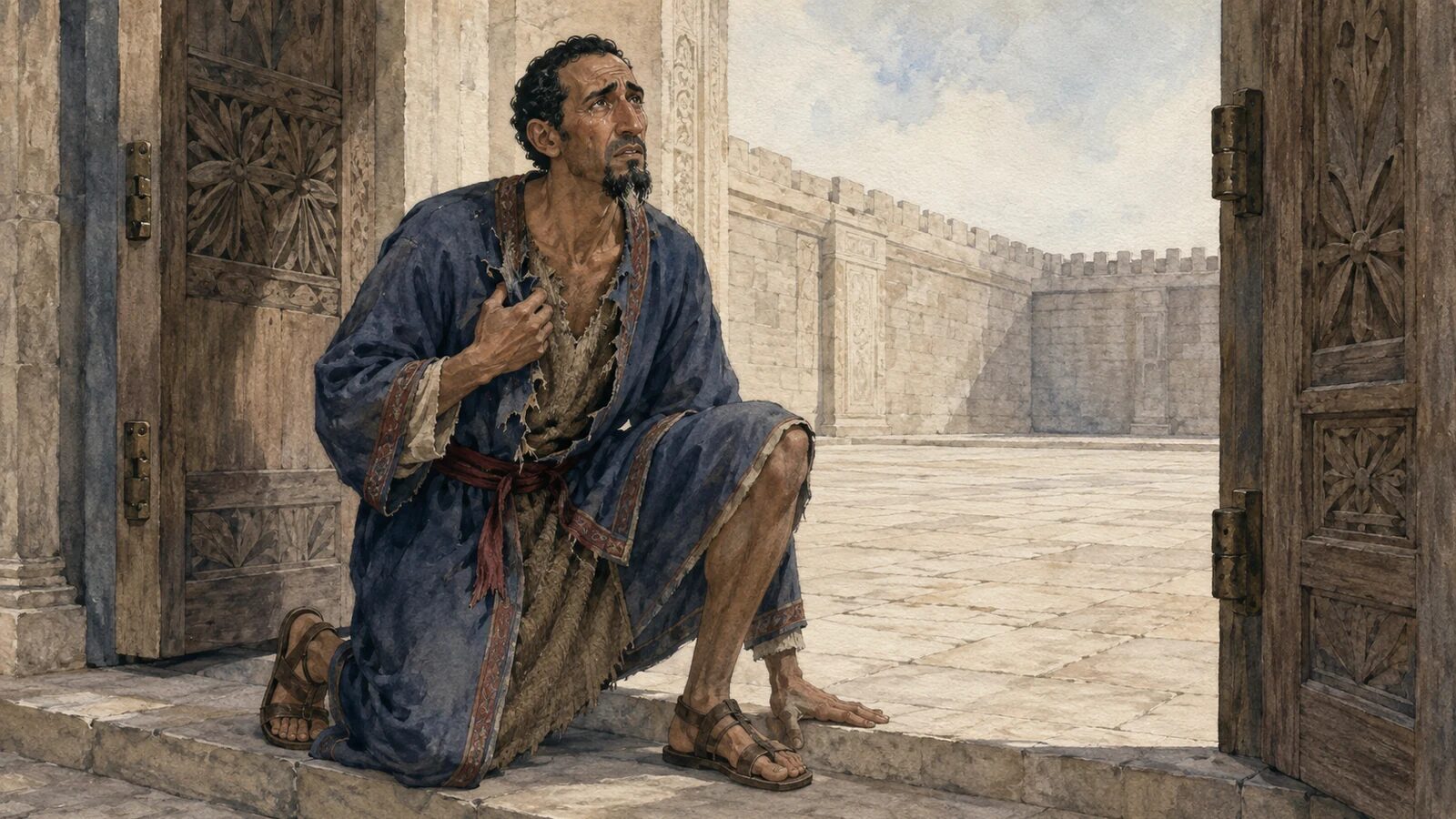King Hezekiah enters the LORDs house in torn robes and sackcloth during the Assyrian threat in Isaiah 37