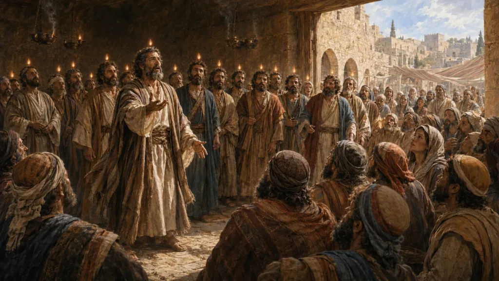Peter and the apostles boldly witness in Jerusalem as the Holy Spirit comes at Pentecost
