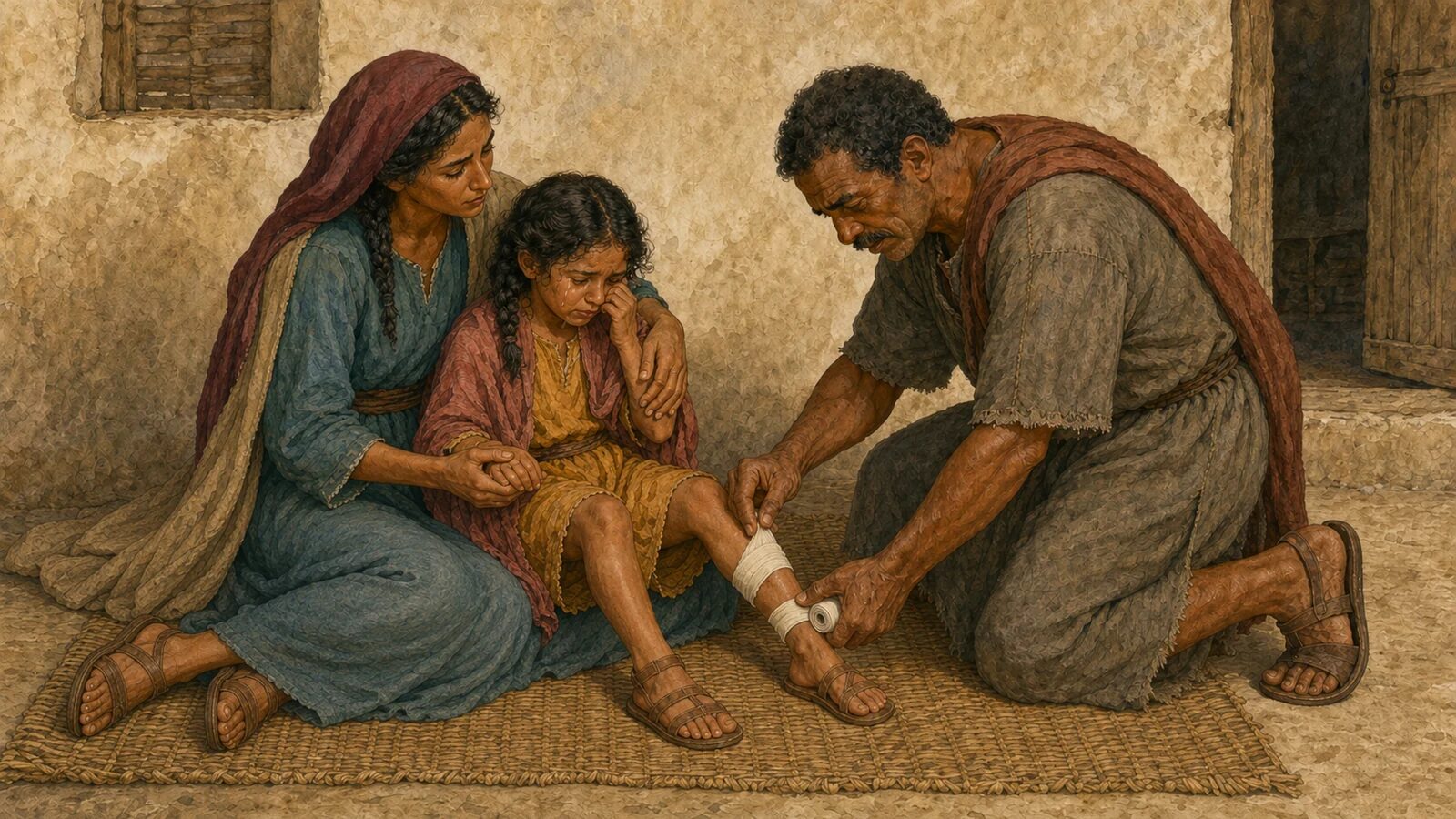 Biblical husband and father caring for daughter A father gently bandages his daughter’s scraped shin while her mother comforts her