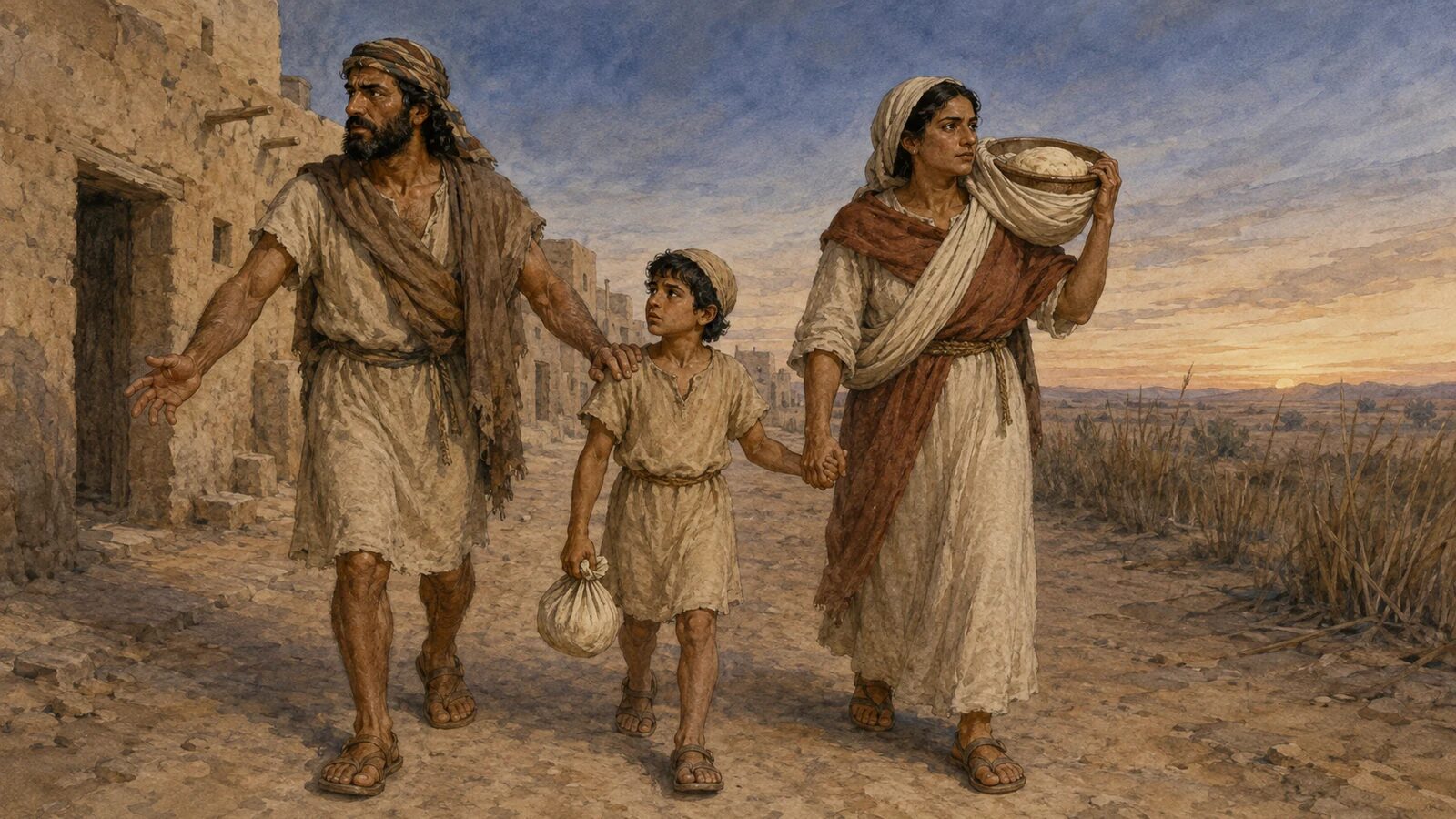 An Israelite family leaves Egypt as a mother carries unrisen dough bound in cloth on her shoulder