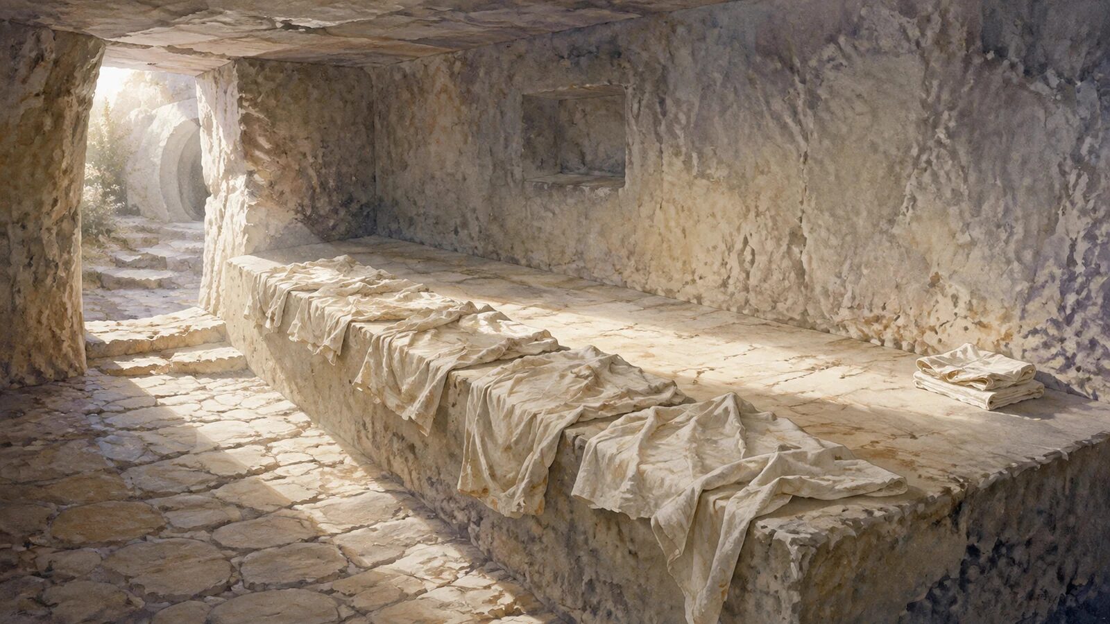 Jesus grave clothes in empty tomb Linen burial cloths lie on the empty tomb bench with the face cloth set apart at dawn