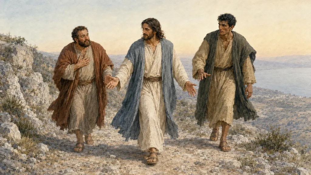 Jesus leads Matthew and Simon the Zealot forward together on a Galilean mountain path