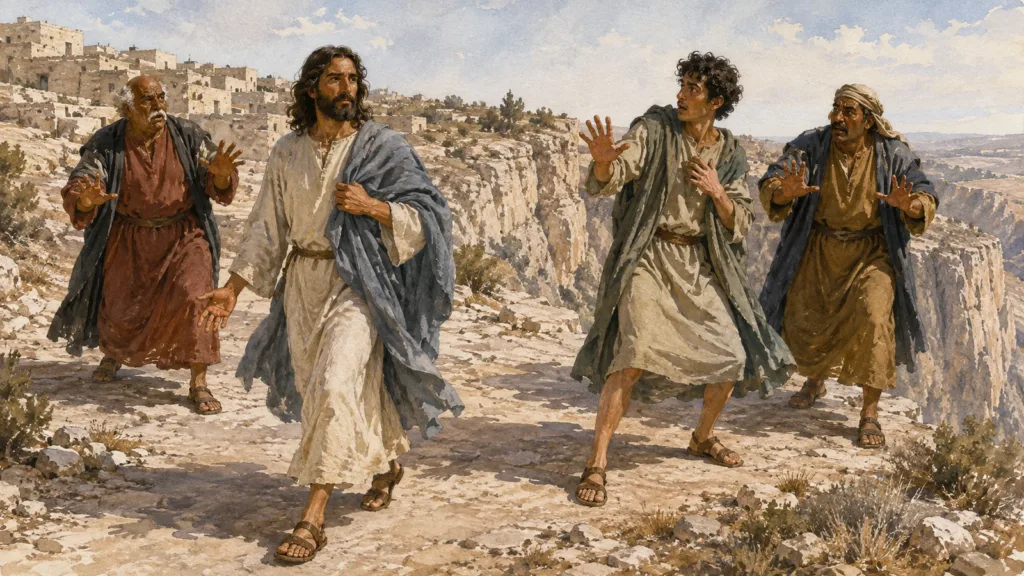 Jesus walks away as three Nazareth men halt in stunned confusion near the cliff