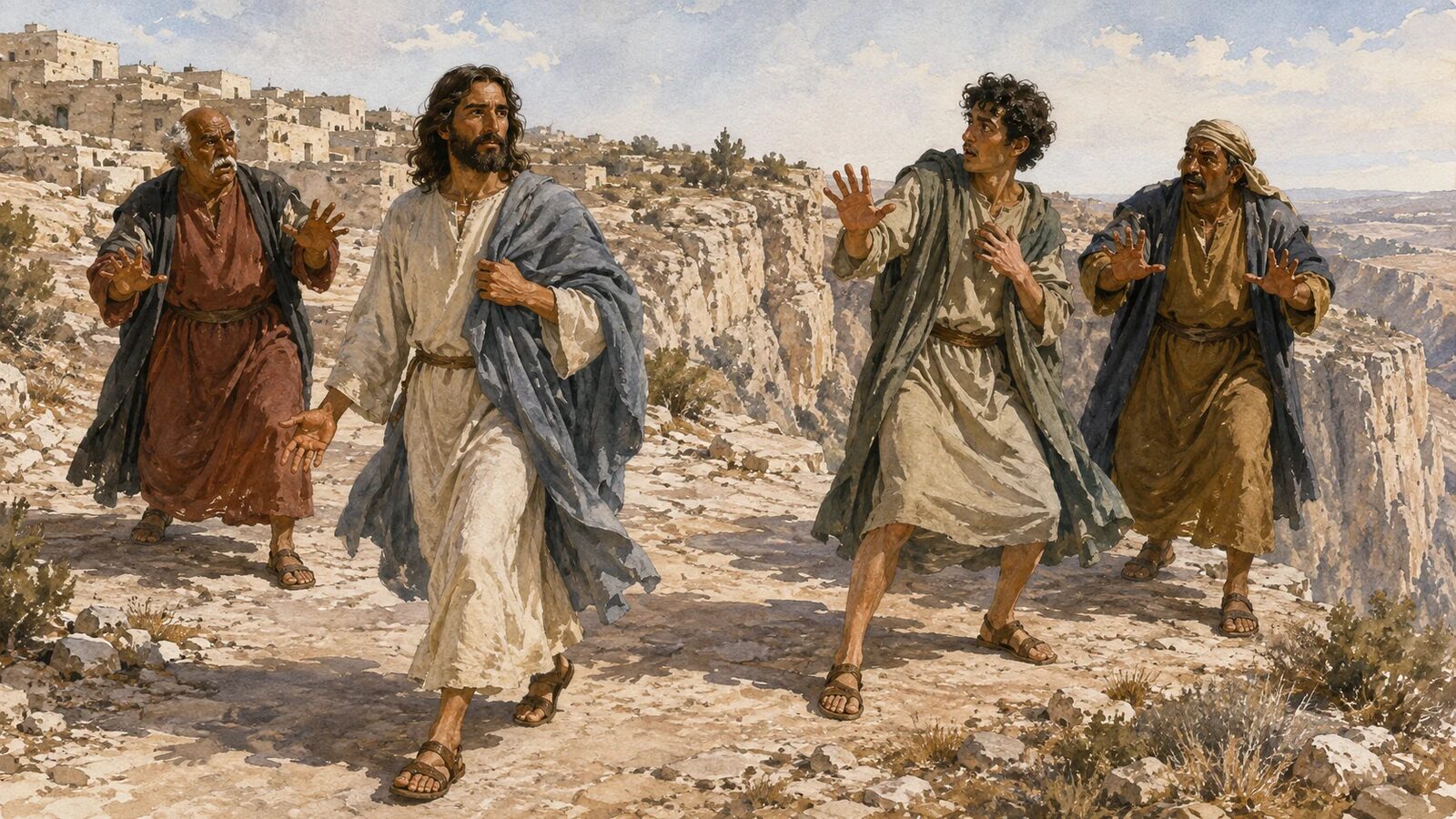 Jesus passes through the Nazareth crowd Jesus walks away as three Nazareth men halt in stunned confusion near the cliff