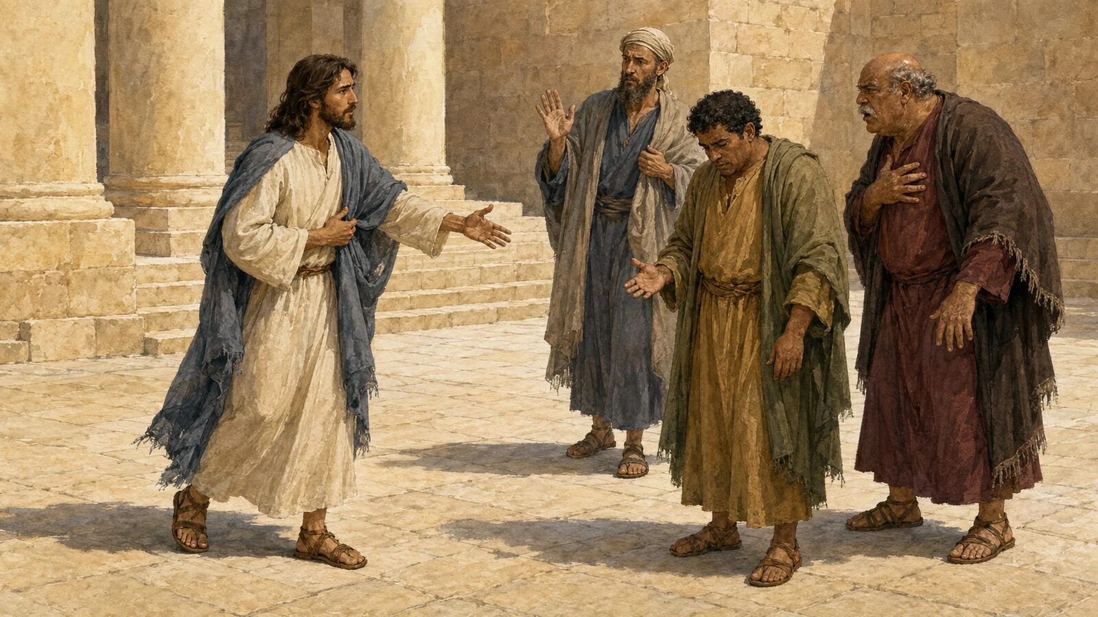 Jesus rebukes three Pharisaic leaders who react with resistance, shock, and conviction