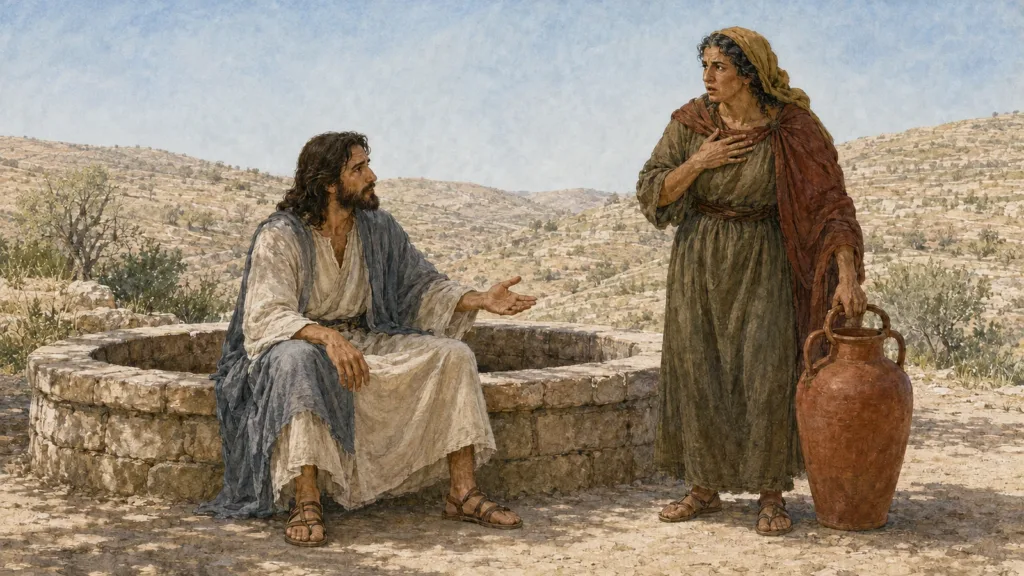 Jesus speaks truthfully with the Samaritan woman beside her grounded water jar at the well