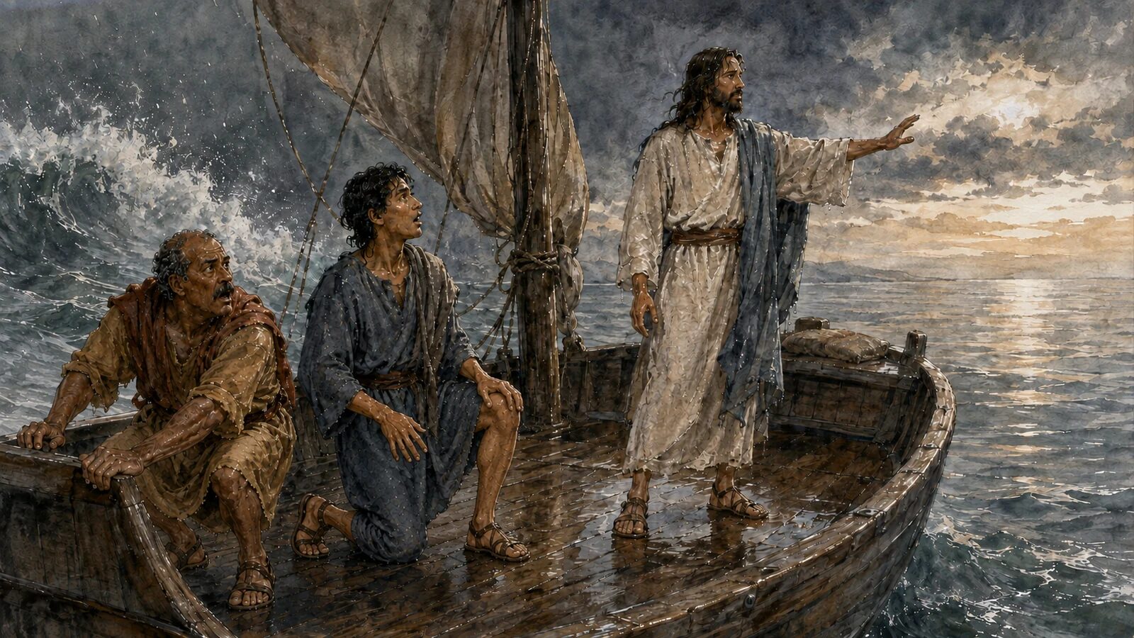 Jesus stills the storm on the Sea of Galilee Jesus commands the storm to be still as two disciples react in awe in Mark 4