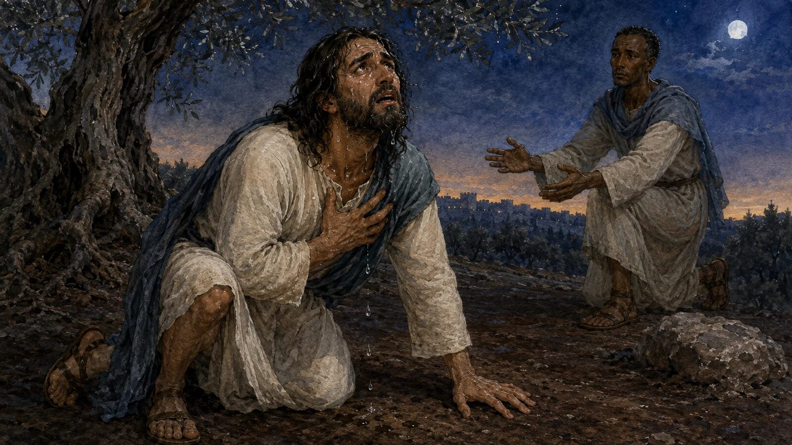 Jesus strengthened during prayer in Gethsemane An angel strengthens Jesus as He prays in agony with heavy sweat falling to the ground in Gethsemane