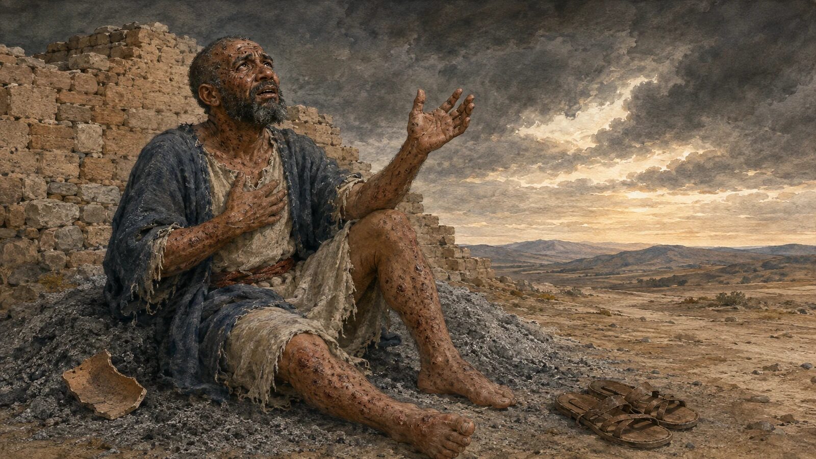 Job declares hope in his living Redeemer Afflicted Job sits in ashes and lifts his hand in hope as storm clouds open over Uz
