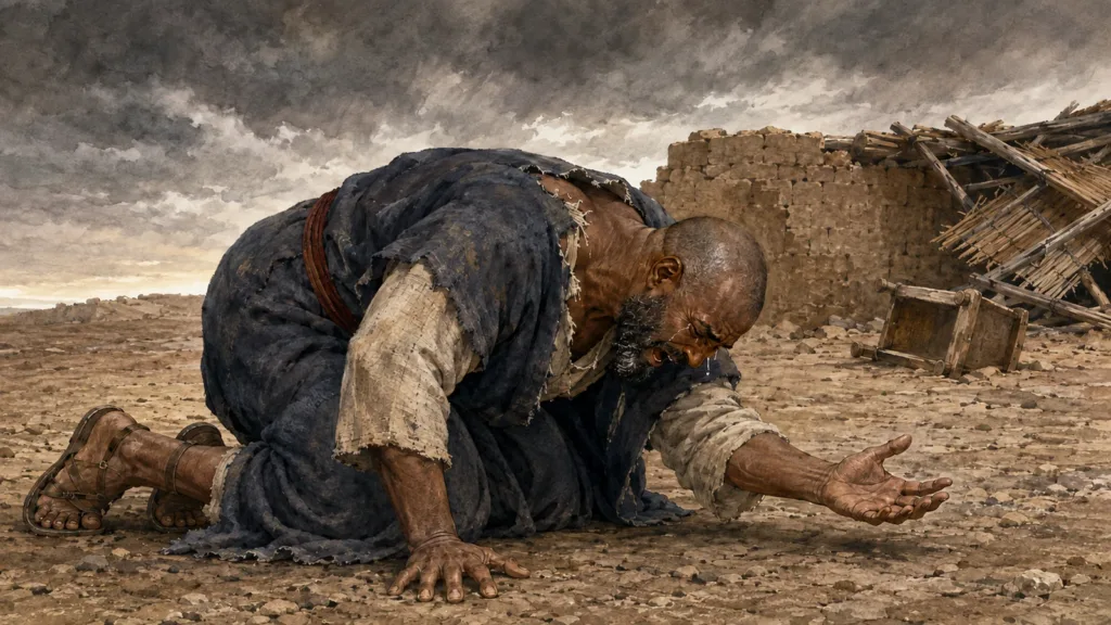 Job weeps with a freshly shaved head and torn robe as he falls to the ground in worship