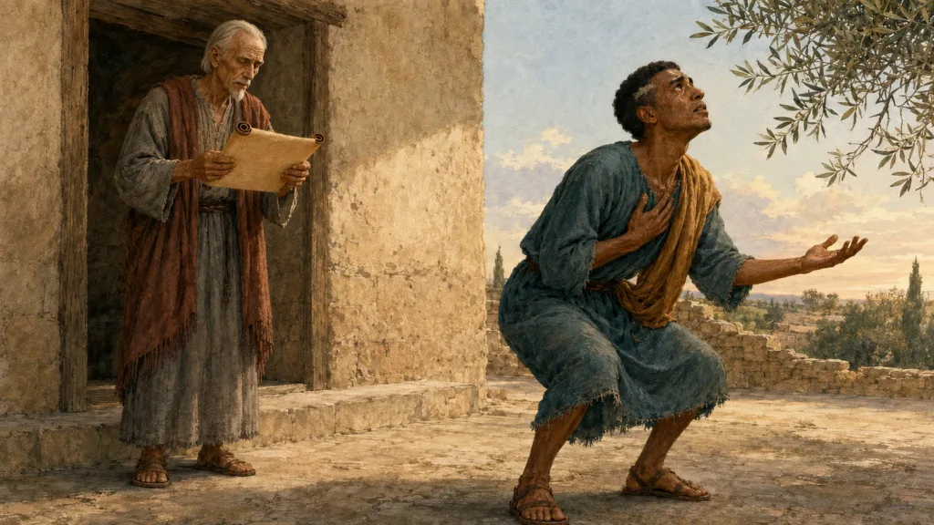 Aged John reads while a believer turns toward God with confession and hope